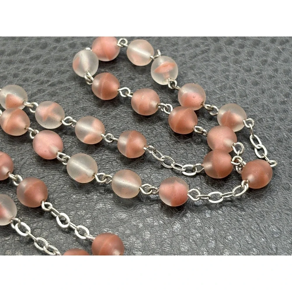 Dogwood Tree Pink Glass Rosary Bead Necklace Cross Pendant Silver Tone Boho